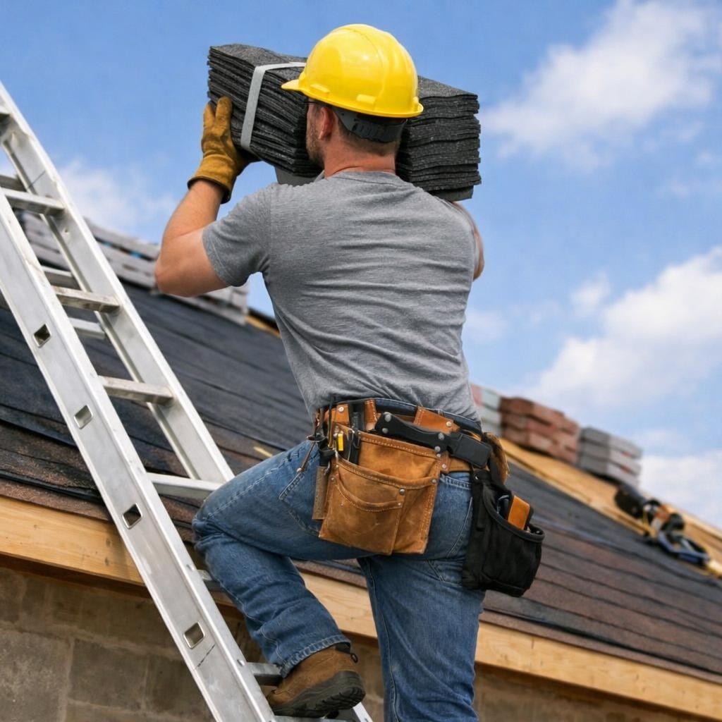 Roofer wearing a yellow hard hat and gloves carrying shingles up a ladder on a roof